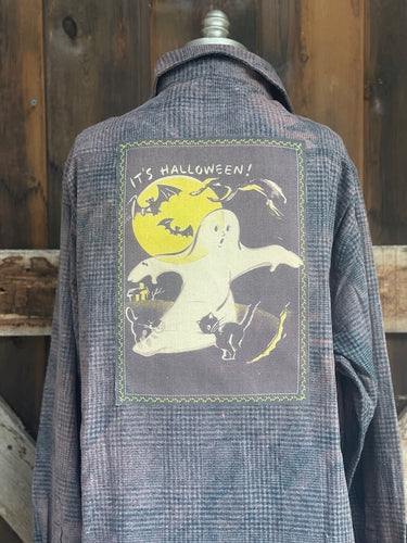 BOO! Ghost Art Flannel- Distressed Grey Plaid